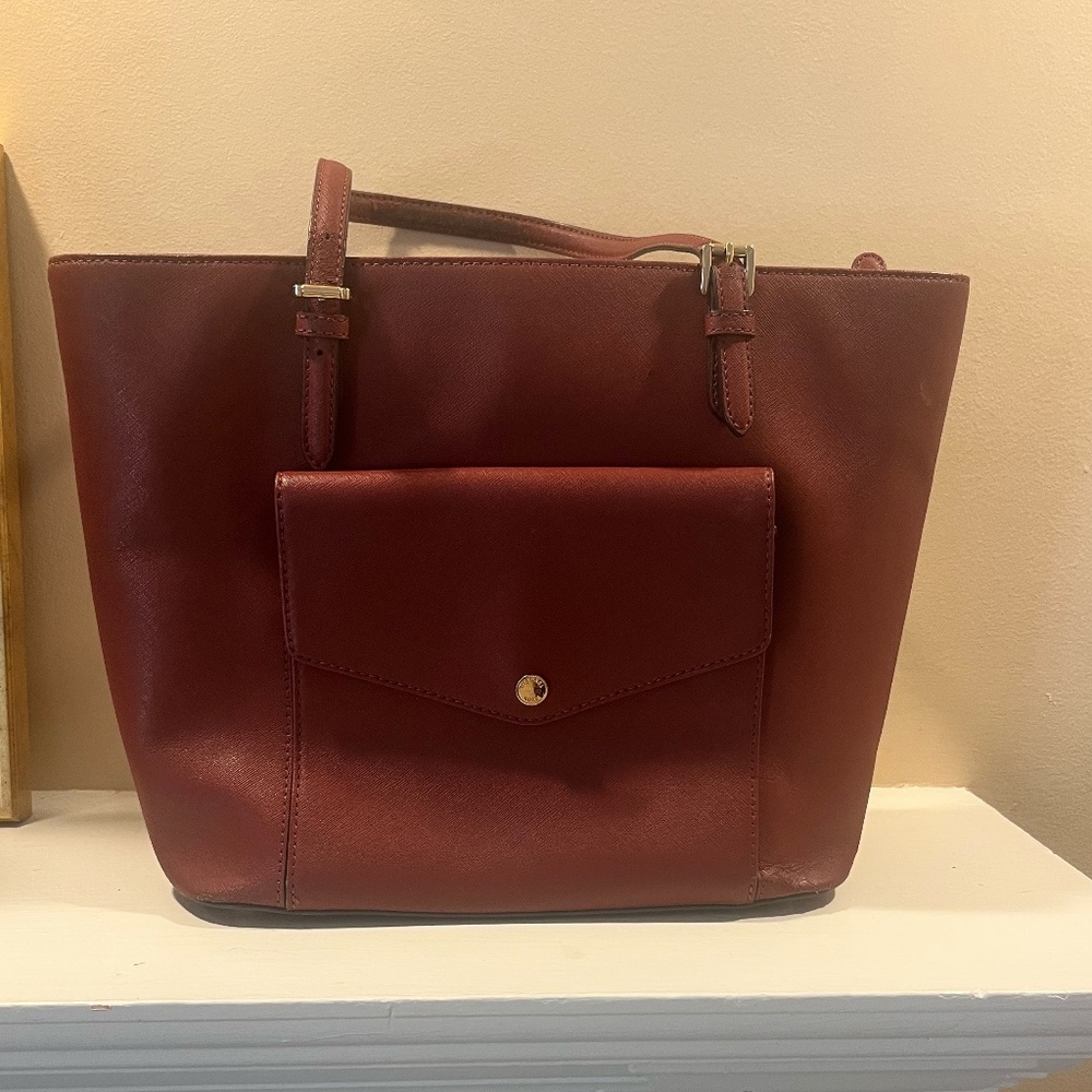 Michael Kors Burgundy Structured Leather Tote Bag w/ Envelope Pocket